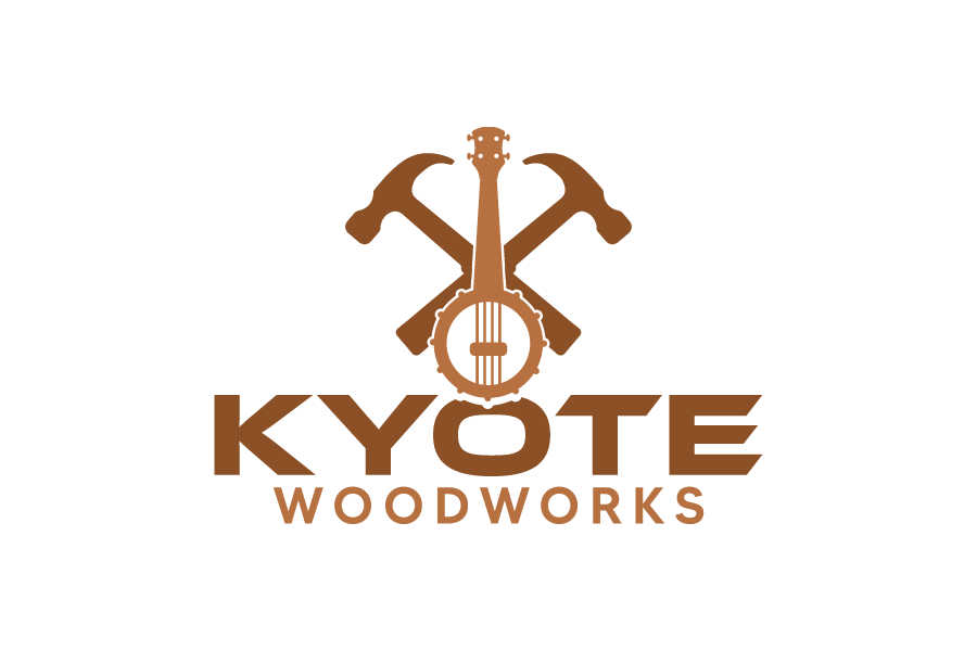 Kyote Woodworks site logo of two hammers crossed behind a banjo. Can be used as a home page button.